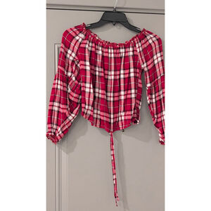 Women's Hollister Red & White Plaid Off-Shoulder Crop Top XS